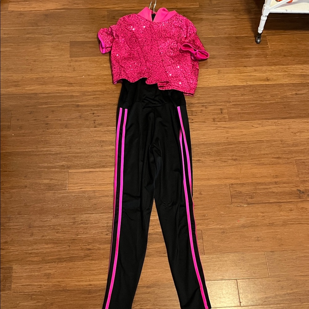 Weissman Pink Sequin Top and Black Leggings Set